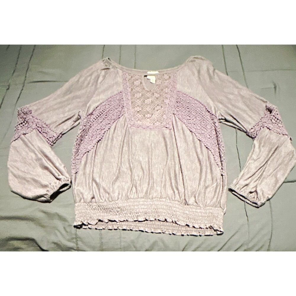 Knox Rose Women’s Purple Solid Lace Smocked V-Neck Blouse-Size XL